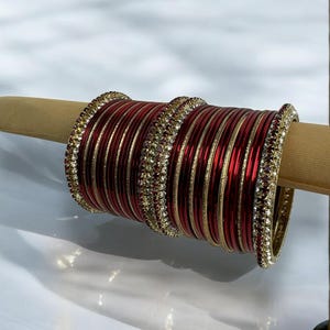 chain churi  maroon + gold Crystal Bangle Set - Indian Jewellery