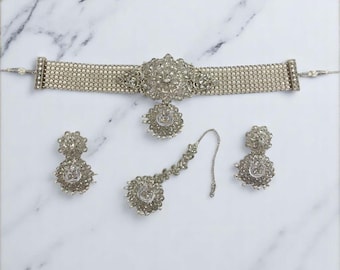 Pärlsilver Choker Set Indiska Smycken Kundan Halsband Set Pakistanska Smycken Indiska Choker Set Punjabi Smycken