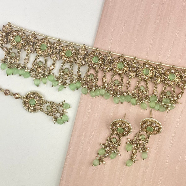 Mint Pearl Cluster Choker Set - Indian Jewellery