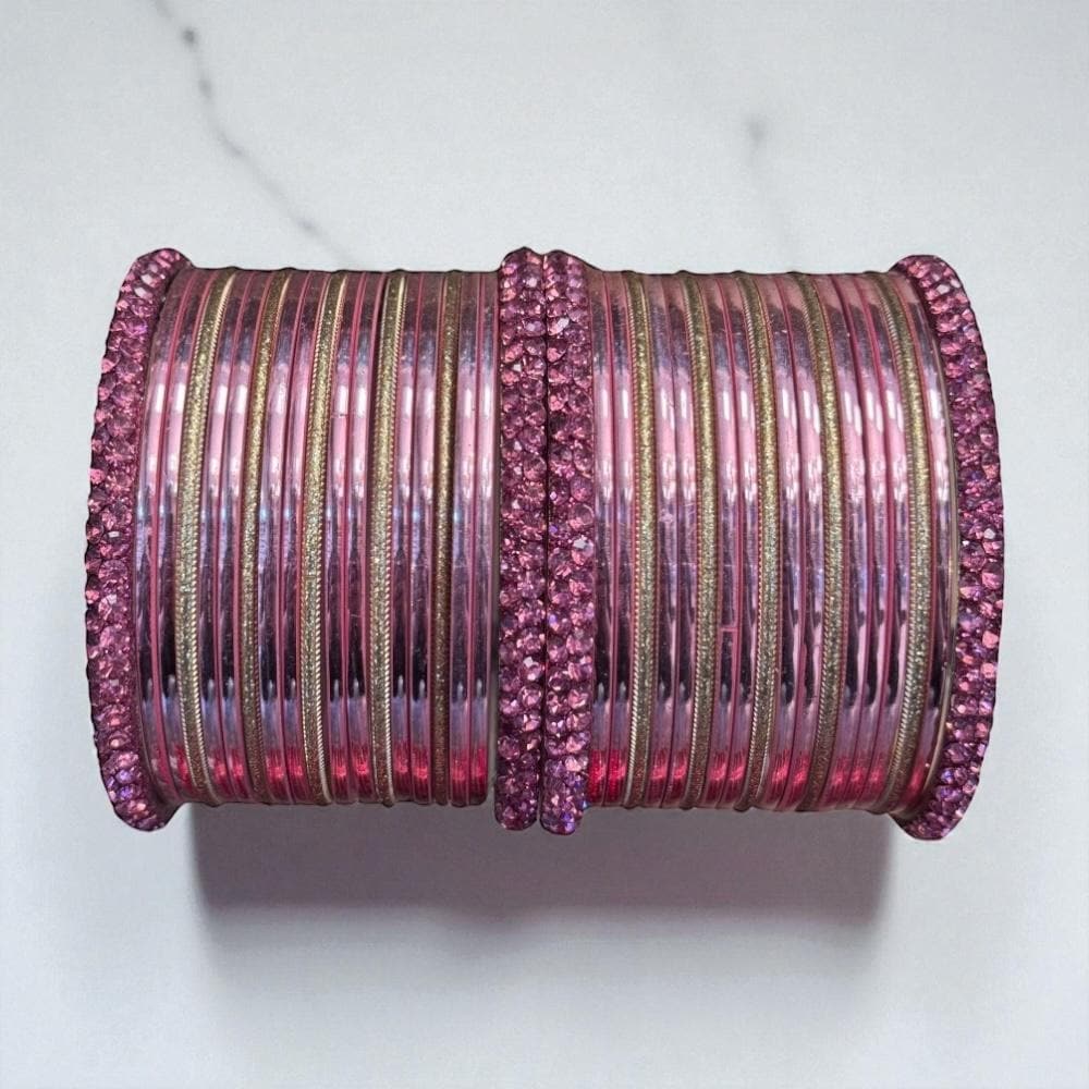 Soft Pink Crystal Bangle Set 38 Piece Indian Bridal Churi Set Baby Pink Gold Plated Bangles Wedding Jewellery Gift for Women