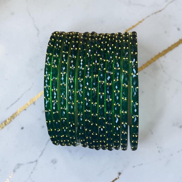 Green Glass Raindrop Churi Bangles: Indian Pakistani Bridal Party Wear Stacked Set