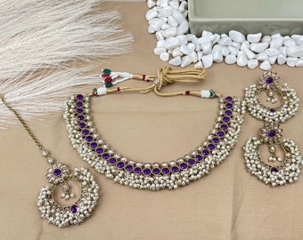 Clustered Pearl Necklace Set in Purple - Indian Jewellery