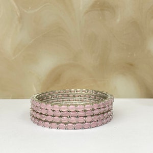 American Diamond Thin Elongated Silver & Baby Pink Churi Set - Indian Jewellery