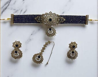 Set di choker antico bianco blu navy, gioielli indiani, set di collane Kundan, gioielli pakistani, set di choker indiano, gioielli punjabi