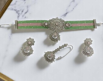 Mint Pink Silver Choker Set Indian Jewelry Kundan Necklace Set Pakistani Jewelry Indian Choker Set Punjabi Jewelry