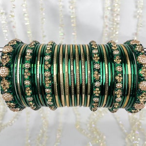 Bottle Green, Gold and Silver Round Meena Crystal Bangle Set - Indian Jewellery