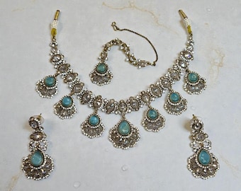Sky Blue Antique Indian Jewelry Set: Necklace, Earrings, Tikka