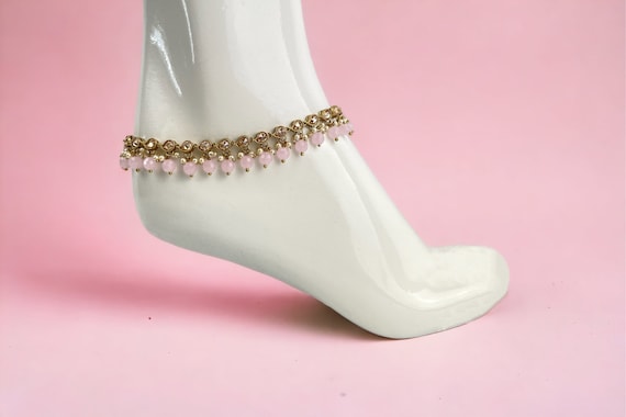 Baby Pink Beaded Gold Crystal Anklets/ Payal Indian Jewellery