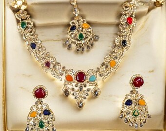 Multi Meher Necklace Set Party-Ready Indian Earrings Tikka Jewellery Set Bollywood Jewelry Pakistani Jewellery