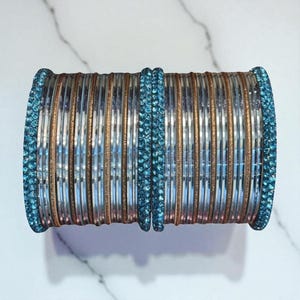 Sky Blue Crystal Bangle Set 38 Piece Indian Bridal Churi Set Light Blue Gold Plated Bangles Traditional Jewellery Gift for Women