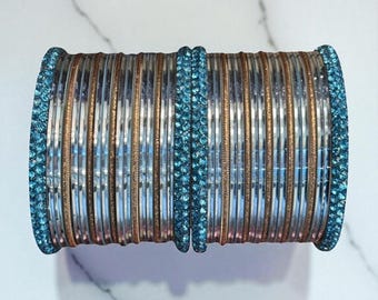 Sky Blue Crystal Bangle Set 38 Piece Indian Bridal Churi Set Light Blue Gold Plated Bangles Traditional Jewellery Gift for Women