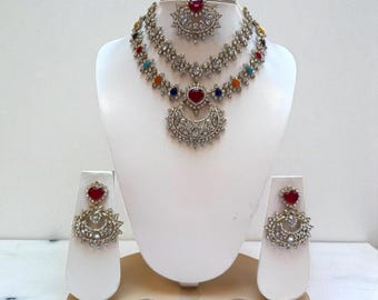 Multi bruidssieraden set ketting oorbellen tikka antiek goud zilveren sieraden veelkleurig Indiase bruiloft sieraden cadeau