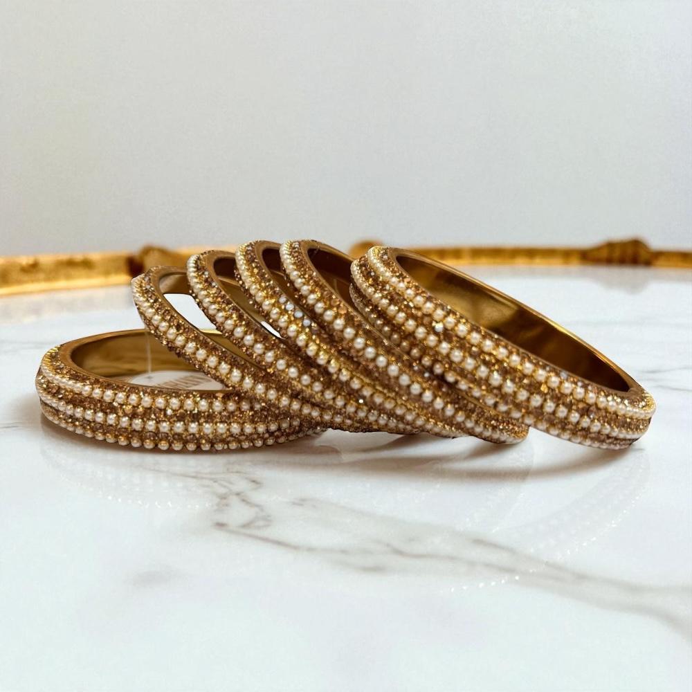 Shiny Gold Pearl Churi and Kara Bangles Indian Bangle Set Wedding