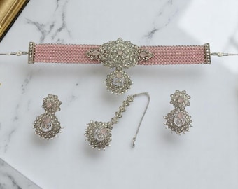 Set di choker rosa e argento, gioielli indiani, set di collane Kundan, gioielli pakistani, set di choker indiano, gioielli punjabi