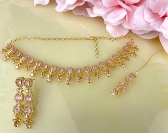Set di collana americana con diamanti rosa e oro - Gioielli indiani