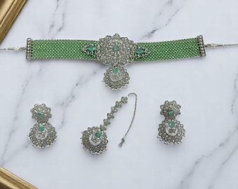 Set di choker in argento menta, gioielli indiani, set di collane Kundan, gioielli pakistani, set di choker indiani, gioielli punjabi