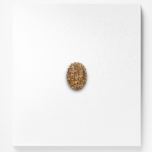 May include: A gold-toned, round, sparkly embellishment with a raised, textured surface.