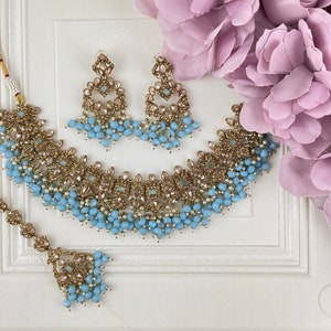 Crystal Cascade Necklace Set - Sky Blue