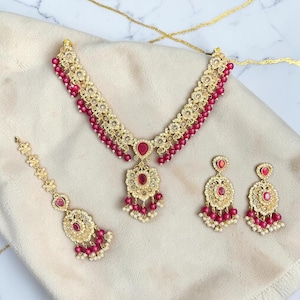 Ruby Champagne Crystal Pendant Drop Necklace Set, Bridal Wedding Jewellery with Tikka Earrings, Pakistani Indian Jewelry
