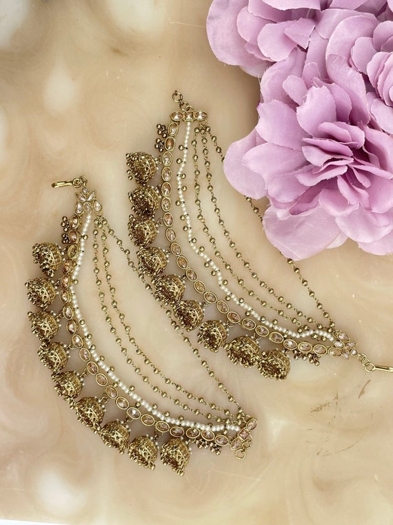 Gold Pearl Heavy Statement Jhumki Ear Chain/sahara- Indian