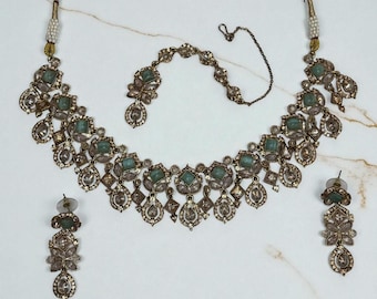 Mint Antique Crystal Necklace Earrings Tikka Set Bridal Jewelry Asian Bridal Indian Pakistani Wedding Jewelry Party Wear Necklace Set