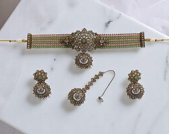 Set di choker rosa e menta, gioielli indiani, set di collane Kundan, gioielli pakistani, set di choker indiano, gioielli punjabi