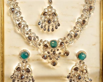 Set di collane Mint Meher, orecchini indiani pronti per le feste, set di gioielli Tikka, gioielli di Bollywood, gioielli pakistani