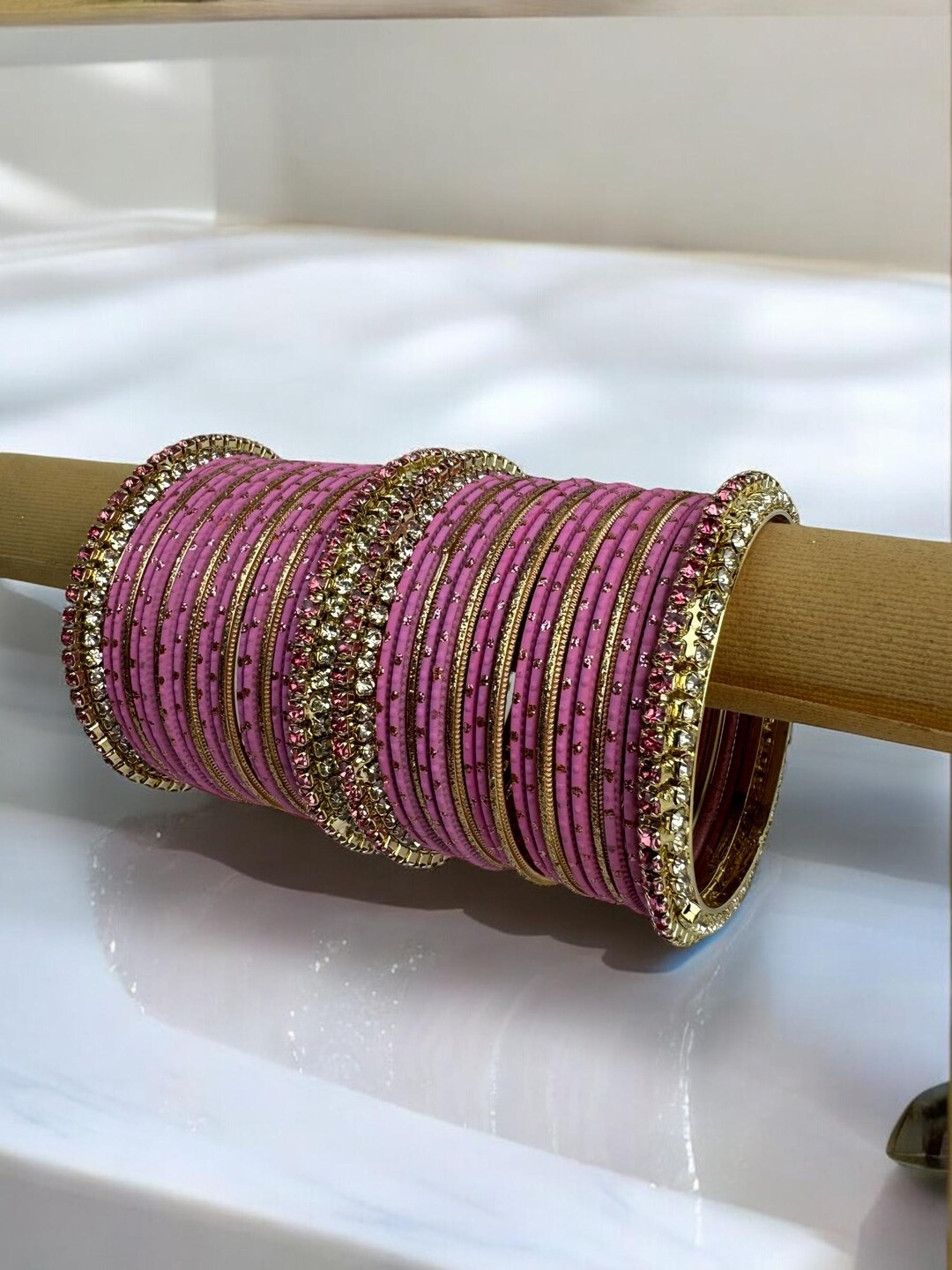 4 Crystal Diamante Bangles – Indian Churiya Kara, Gloss & Matt Finish Gold-Tone
