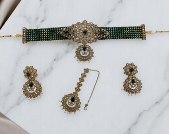 Set di choker antico in smeraldo, gioielli indiani, set di collane Kundan, gioielli pakistani, set di choker indiano, gioielli punjabi