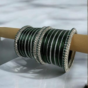 chain churi green + silver Crystal Bangle Set - Indian Jewellery