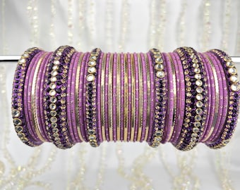 Lilac, Gold and Silver Round Meena Crystal Bangle Set - Indian Jewellery