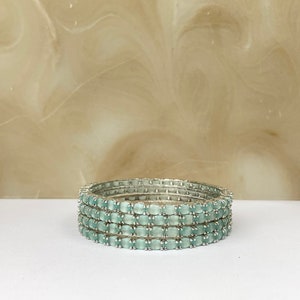 American Diamond Thin Elongated Silver & Mint Churi Set - Indian Jewellery
