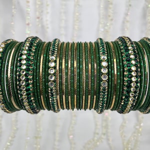 Green, Gold and Silver Round Meena Crystal Bangle Set - Indian Jewellery