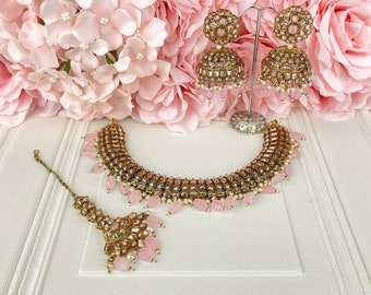 Gold & Pink Crystal Necklace, Earrings and Tikka set - Indian Jewellery