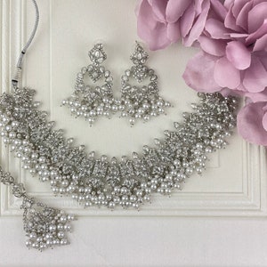 Crystal Cascade Necklace Set - Silver