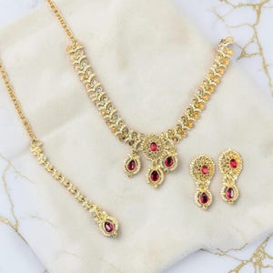 Ruby Champagne Bridal Jewelry Set, Pakistani Indian Necklace Earrings Tikka, Wedding Jewelry, Mehndi Eid Bridal Set Gift
