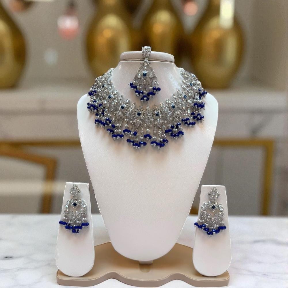 Jhalier Necklace Set Navy Blue Silver With Earring and Tika Indian