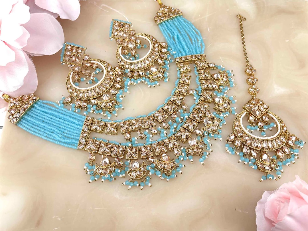 Sky Blue Beaded Gold Necklace Set Indian Jewellery Set Etsy