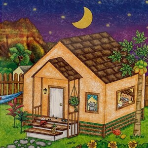 May include: A cartoon illustration of a yellow house with a brown roof, a white door, and a window with a cat inside. The house is surrounded by green grass, a palm tree, and a fence. The sky is dark blue with a crescent moon and stars.