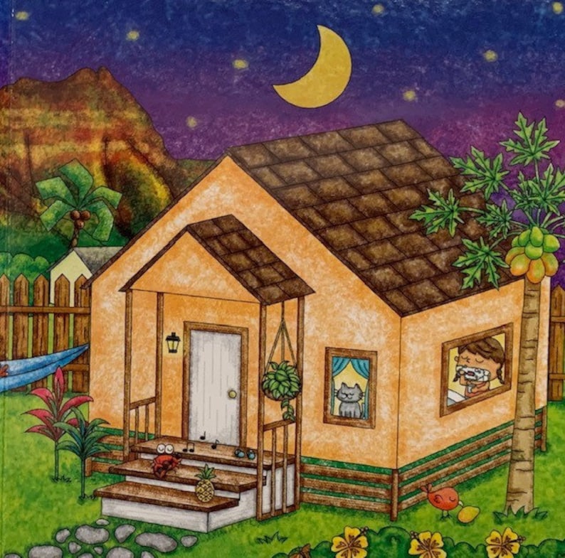 May include: A cartoon illustration of a yellow house with a brown roof, a white door, and a window with a cat inside. The house is surrounded by green grass, a palm tree, and a fence. The sky is dark blue with a crescent moon and stars.