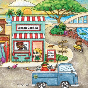 May include: A cartoon illustration of a beach cafe with a red and white striped awning. The cafe is called "Beach Cafe HI". There is a blue van parked in front of the cafe with a red bird and a crab in the back. The van has a sticker on the side that says "Aloha".