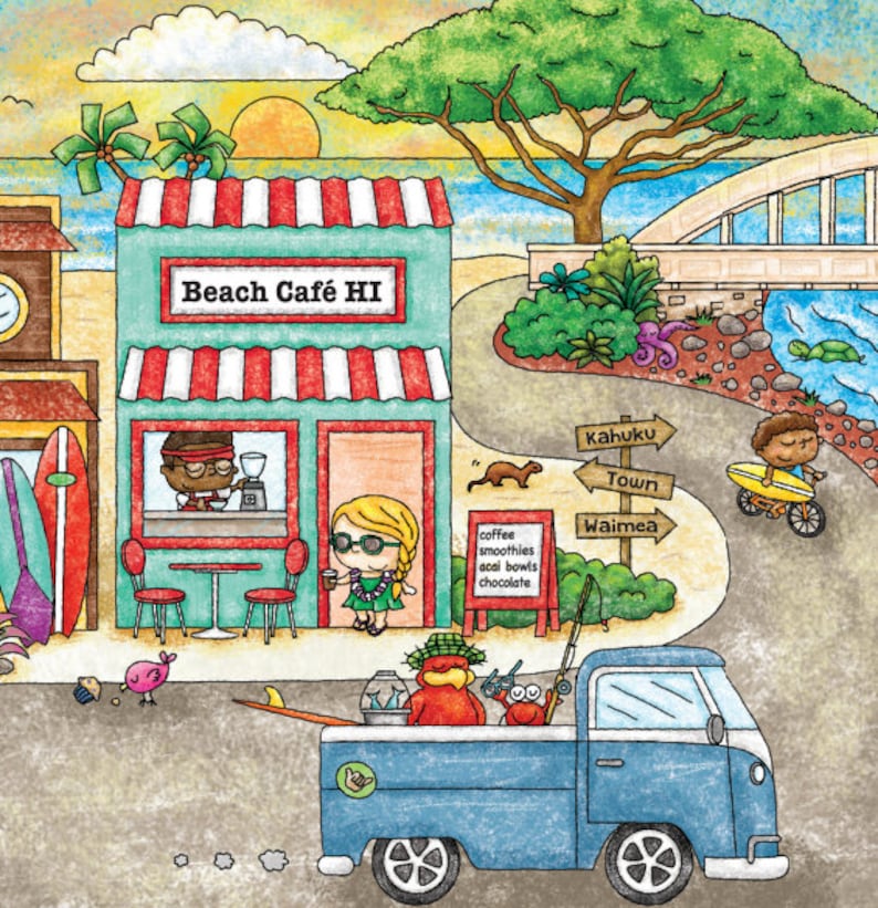 May include: A cartoon illustration of a beach cafe with a red and white striped awning. The cafe is called "Beach Cafe HI". There is a blue van parked in front of the cafe with a red bird and a crab in the back. The van has a sticker on the side that says "Aloha".