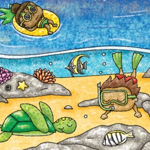 May include: A cartoon illustration of a beach scene with two children, one floating on a yellow pineapple-shaped inner tube and the other snorkeling underwater. A sea turtle and two fish are also visible in the illustration.