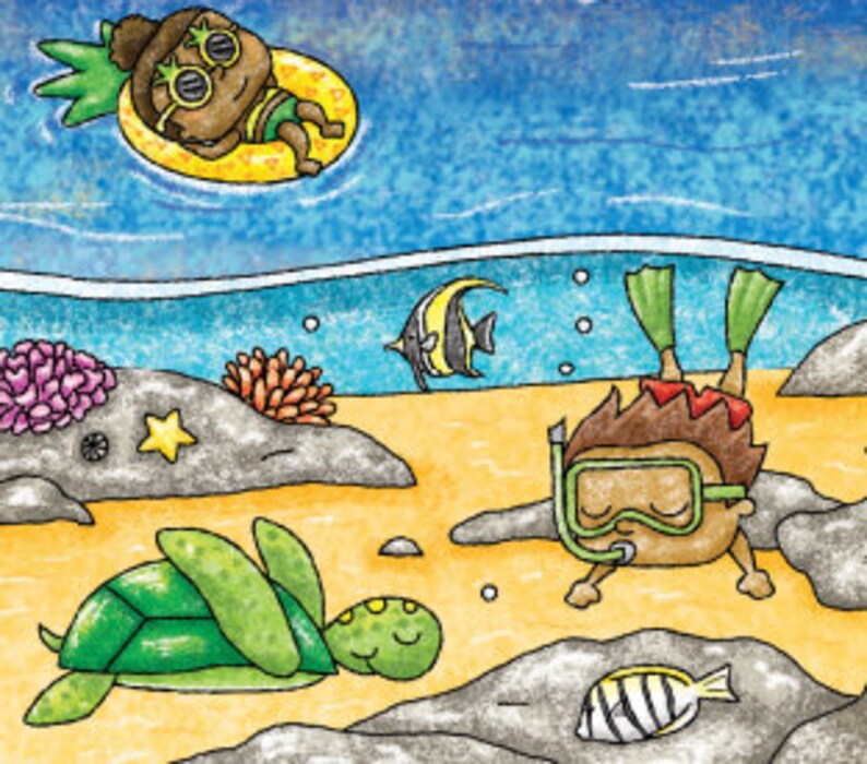 May include: A cartoon illustration of a beach scene with two children, one floating on a yellow pineapple-shaped inner tube and the other snorkeling underwater. A sea turtle and two fish are also visible in the illustration.