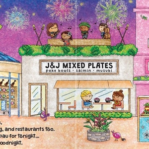 May include: A colorful illustration of a street scene in Waikiki, Hawaii at night. The illustration features shops, restaurants, and a hotel. The text "On Kalākava Avenue, The shops are closing, and restaurants too. One last song, then pau for tonight... Goodnight Waikiki, goodnight." is written at the bottom of the image.