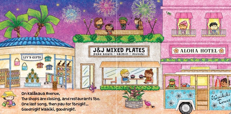 May include: A colorful illustration of a street scene in Waikiki, Hawaii at night. The illustration features shops, restaurants, and a hotel. The text "On Kalākava Avenue, The shops are closing, and restaurants too. One last song, then pau for tonight... Goodnight Waikiki, goodnight." is written at the bottom of the image.