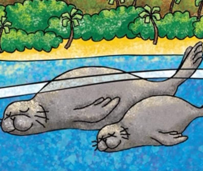 May include: Two gray seals are floating in a blue body of water. The seals are sleeping with their eyes closed. The water is clear and you can see the bottom of the water. There are green trees and a sandy beach in the background.