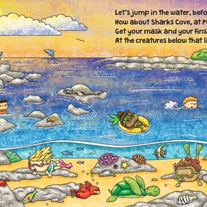 May include: An illustration of a beach scene with a palm tree, rocks, and people swimming in the ocean. The text reads: "Let's jump in the water, before it gets dark. How about Sharks Cove, at Pūpūkea park? Get your mask and your fins, and dive down for a peek... At the creatures below that live in the reef."