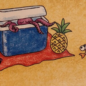 May include: A blue cooler with a purple octopus inside, a pineapple, sunglasses, and a red and white shaved ice on a red and white beach towel. A red shrimp with big eyes is on the sand.