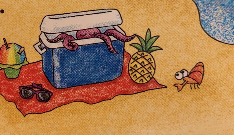 May include: A blue cooler with a purple octopus inside, a pineapple, sunglasses, and a red and white shaved ice on a red and white beach towel. A red shrimp with big eyes is on the sand.